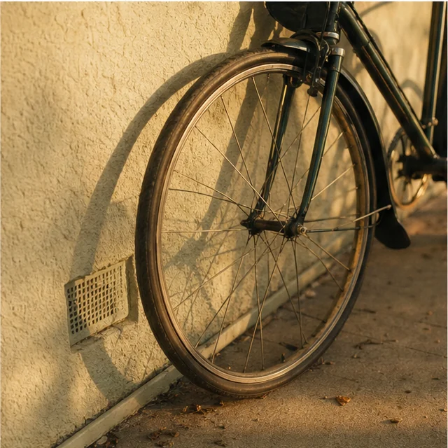 A bicycle leaning against a stucco wall