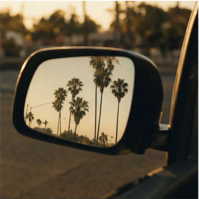 Palm trees reflected in a car mirror