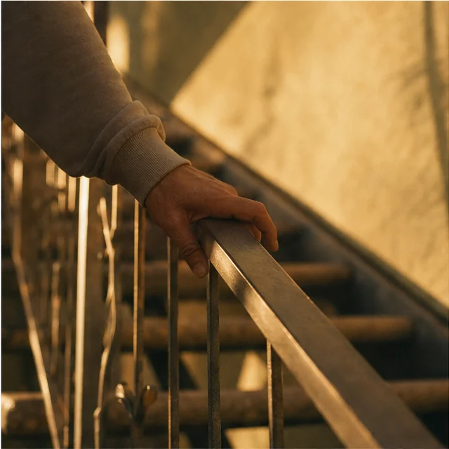 A hand resting on a stair railing